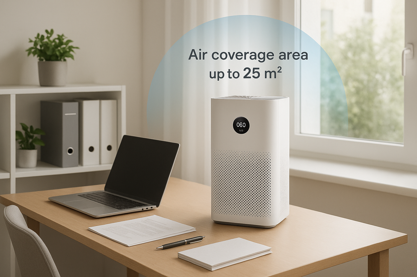 HEPA air purifier in modern home office setting