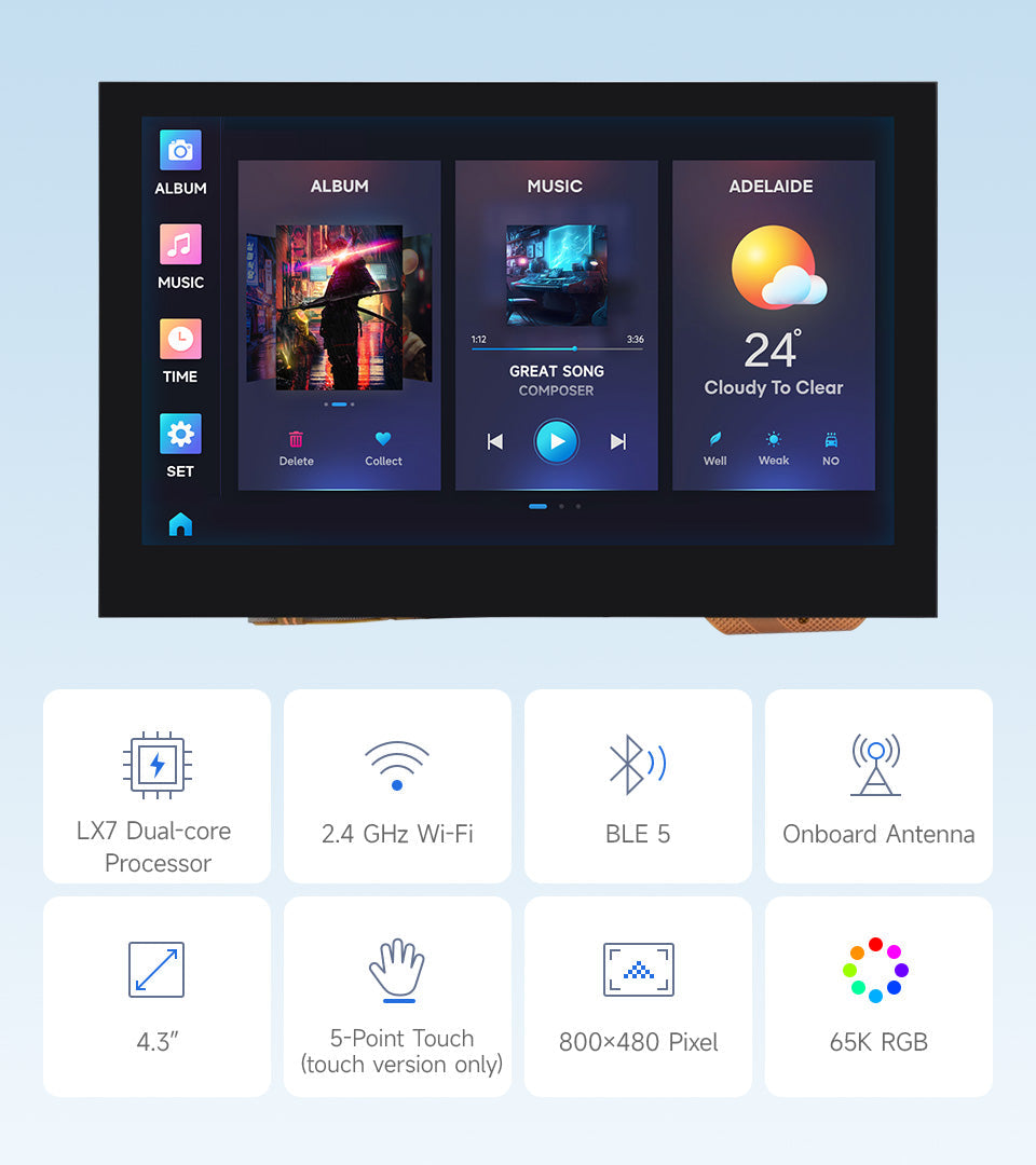 ESP32-S3 4.3-Inch Capacitive Touch Screen Development Board Dual-Core Processor 240MHz Support WiFi Bluetooth On-Board Antenna WSJIT