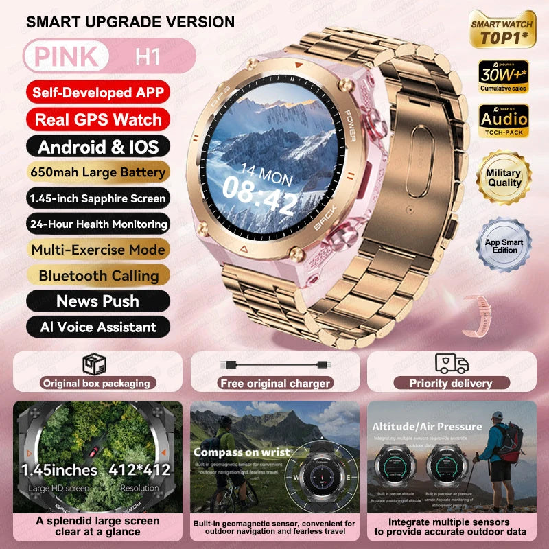 2025 New GPS Smart Watch 1.45" Ultra HD Display Built-in GPS & Compass Make/Receive Phone Calls Smart Bracelet 650mAh Battery WSJIT