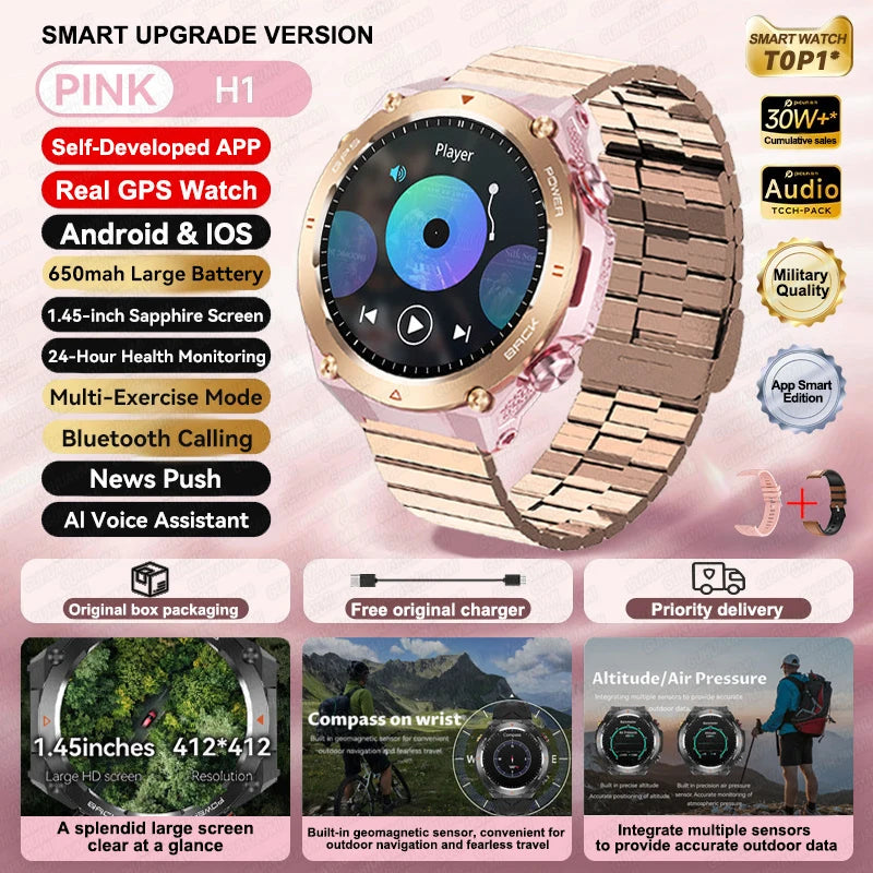 2025 New GPS Smart Watch 1.45" Ultra HD Display Built-in GPS & Compass Make/Receive Phone Calls Smart Bracelet 650mAh Battery WSJIT