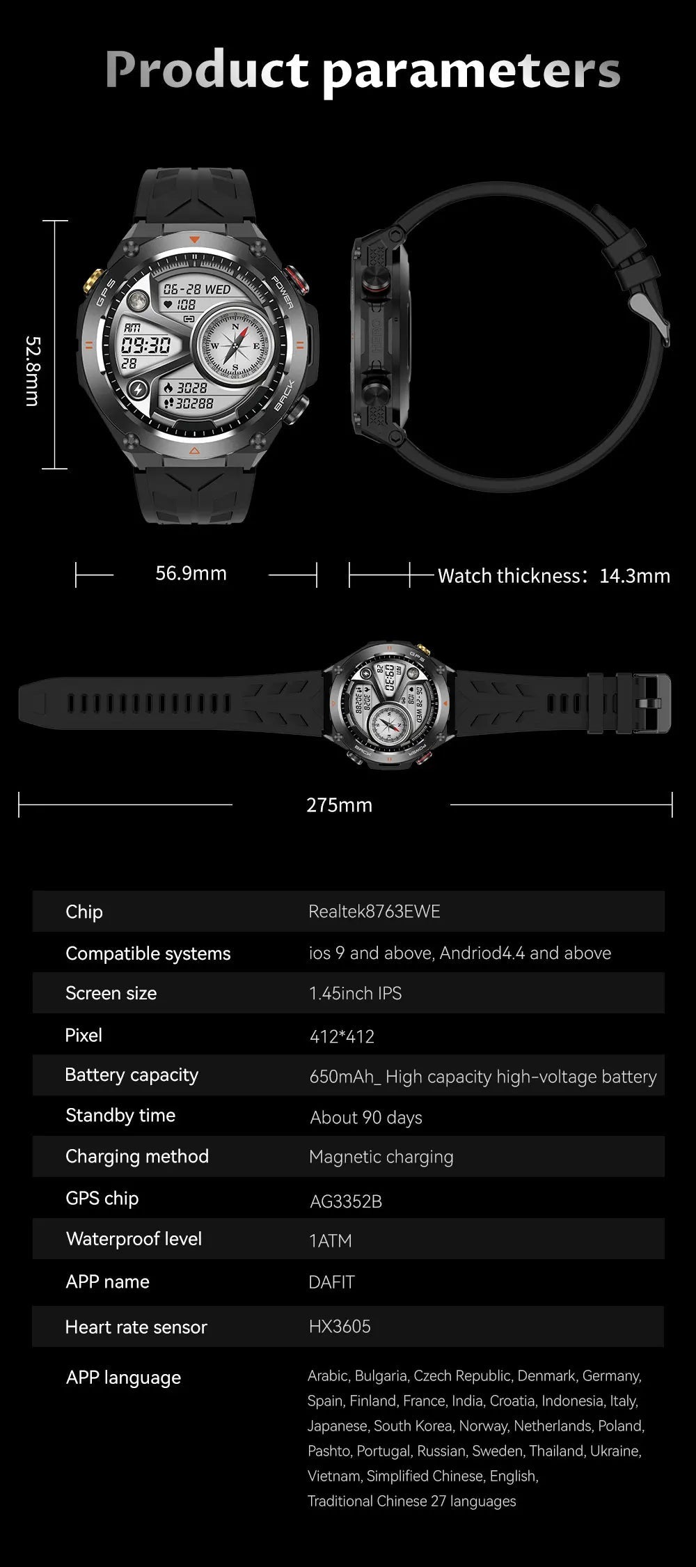 2025 New GPS Smart Watch 1.45" Ultra HD Display Built-in GPS & Compass Make/Receive Phone Calls Smart Bracelet 650mAh Battery WSJIT