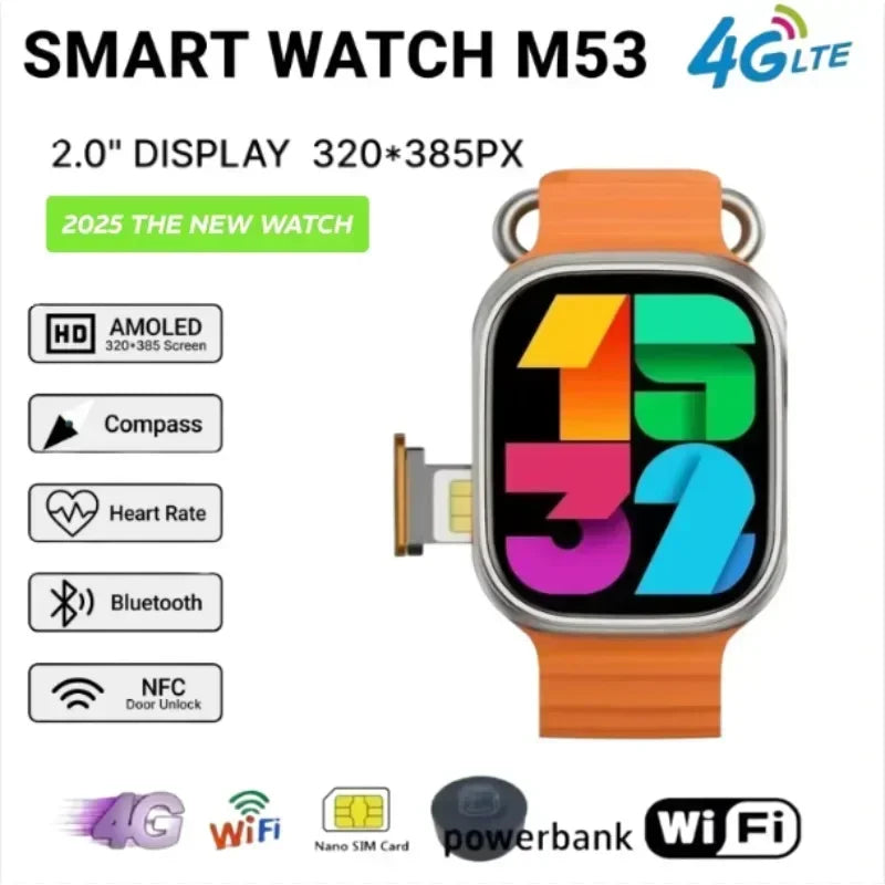 2025 New 4G All Network M53 Smart Watch Android Operating S10 System GPS Map Google Play Passometer Sleep Tracker SIM Card WSJIT