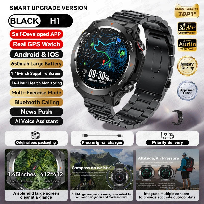 2025 New GPS Smart Watch 1.45" Ultra HD Display Built-in GPS & Compass Make/Receive Phone Calls Smart Bracelet 650mAh Battery WSJIT