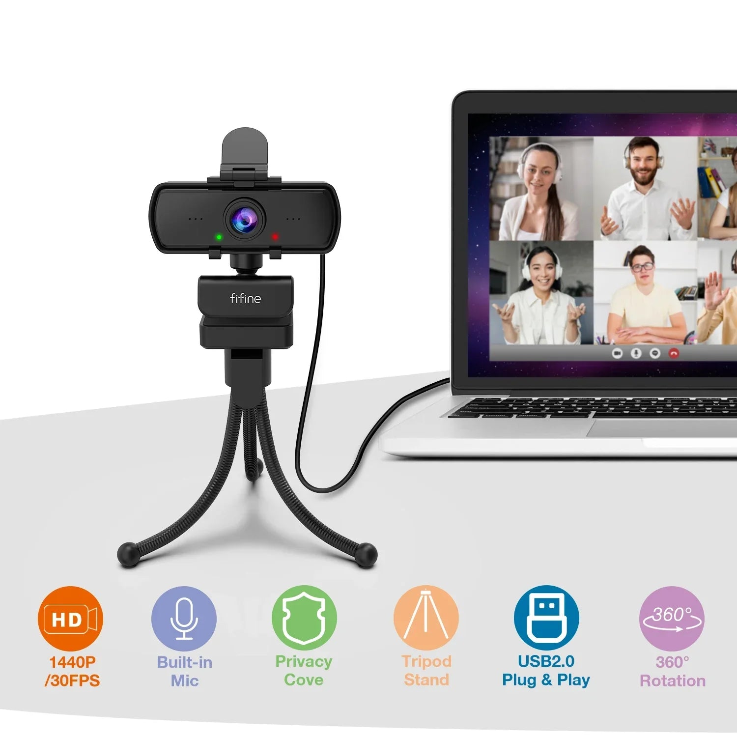 1440p Full HD USB Webcam with Microphone Tripod Black-3