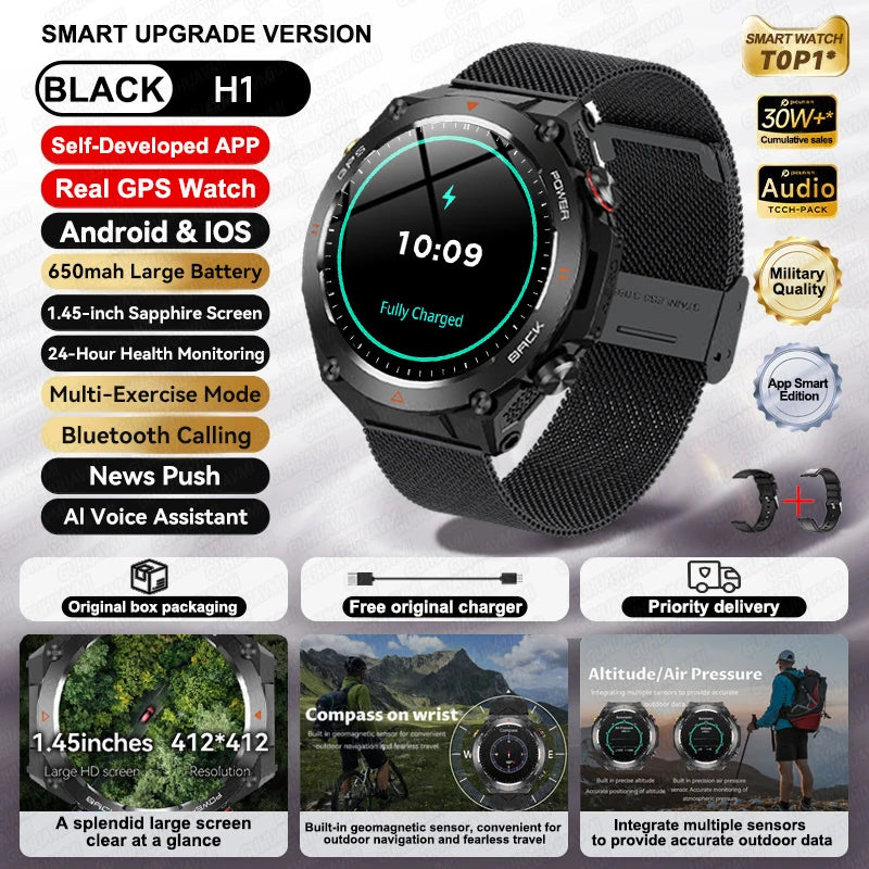 2025 New GPS Smart Watch 1.45" Ultra HD Display Built-in GPS & Compass Make/Receive Phone Calls Smart Bracelet 650mAh Battery WSJIT