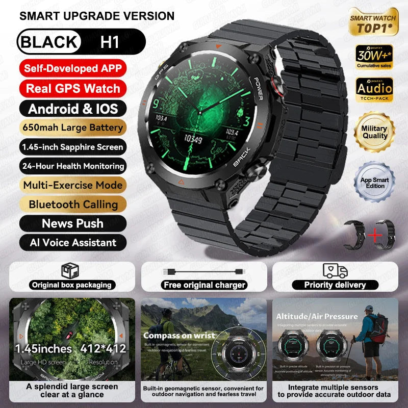 2025 New GPS Smart Watch 1.45" Ultra HD Display Built-in GPS & Compass Make/Receive Phone Calls Smart Bracelet 650mAh Battery WSJIT