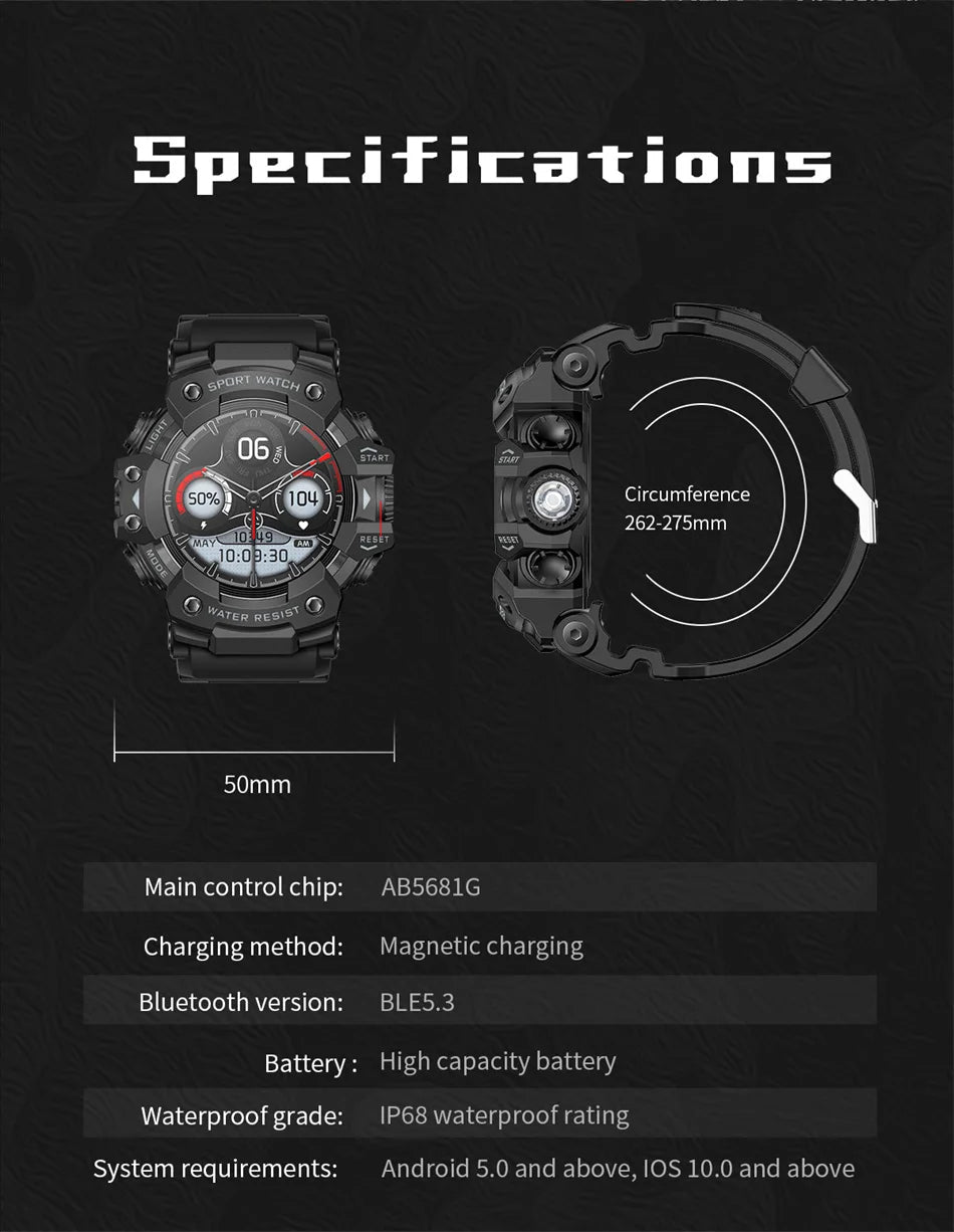 2025 Rugged Sport Smart Watch Bluetooth Calls Colorful Waterproof Military Smartwatches with Flashlight SOS COMPASS for Phone WSJIT