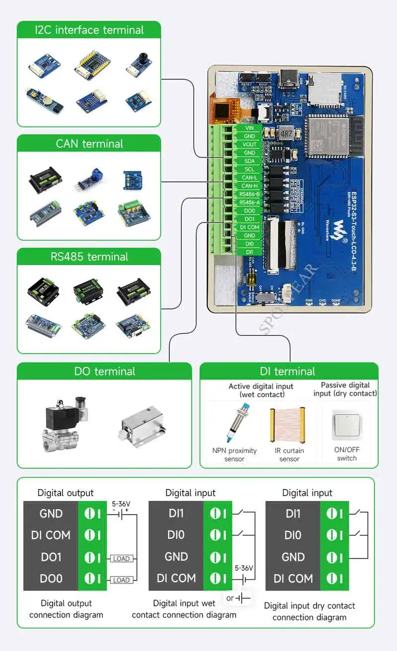 ESP32 S3 4.3inch LCD (B) 800x480 Captive TouchScreen Display Board LVGL with Sensor CAN I2C RS485 WSJIT