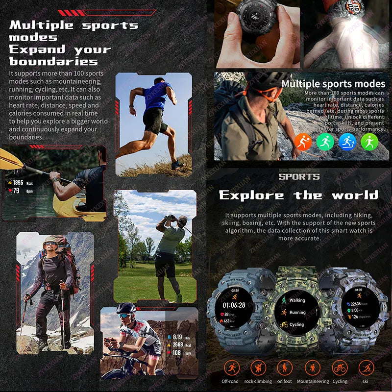 2025 Rugged Sport Smart Watch Bluetooth Calls Colorful Waterproof Military Smartwatches with Flashlight SOS COMPASS for Phone WSJIT