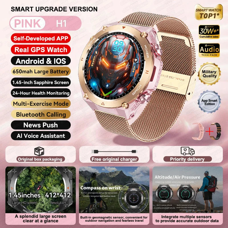 2025 New GPS Smart Watch 1.45" Ultra HD Display Built-in GPS & Compass Make/Receive Phone Calls Smart Bracelet 650mAh Battery WSJIT