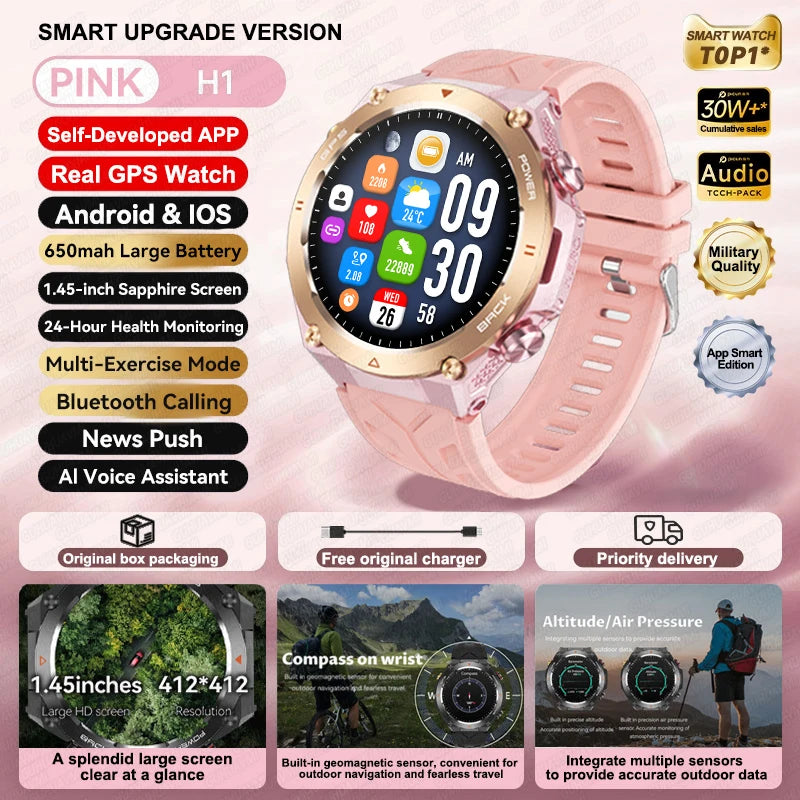2025 New GPS Smart Watch 1.45" Ultra HD Display Built-in GPS & Compass Make/Receive Phone Calls Smart Bracelet 650mAh Battery WSJIT