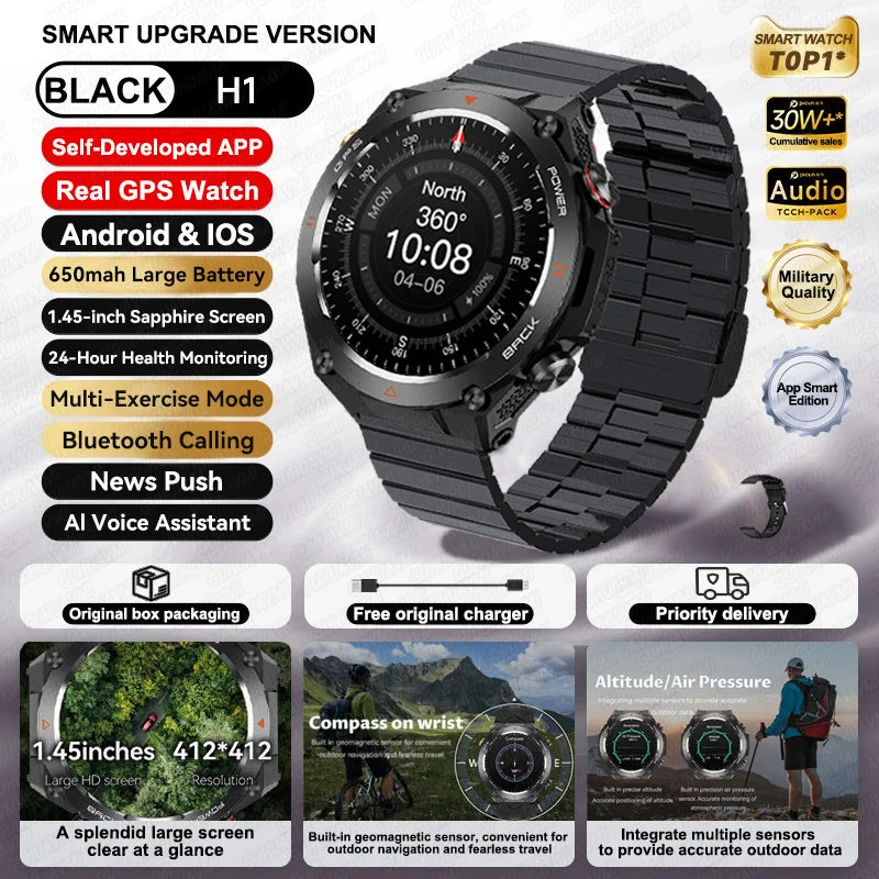 2025 New GPS Smart Watch 1.45" Ultra HD Display Built-in GPS & Compass Make/Receive Phone Calls Smart Bracelet 650mAh Battery WSJIT