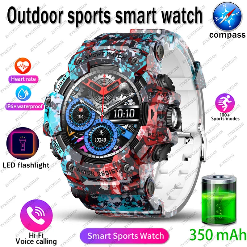 2025 Rugged Sport Smart Watch Bluetooth Calls Colorful Waterproof Military Smartwatches with Flashlight SOS COMPASS for Phone WSJIT