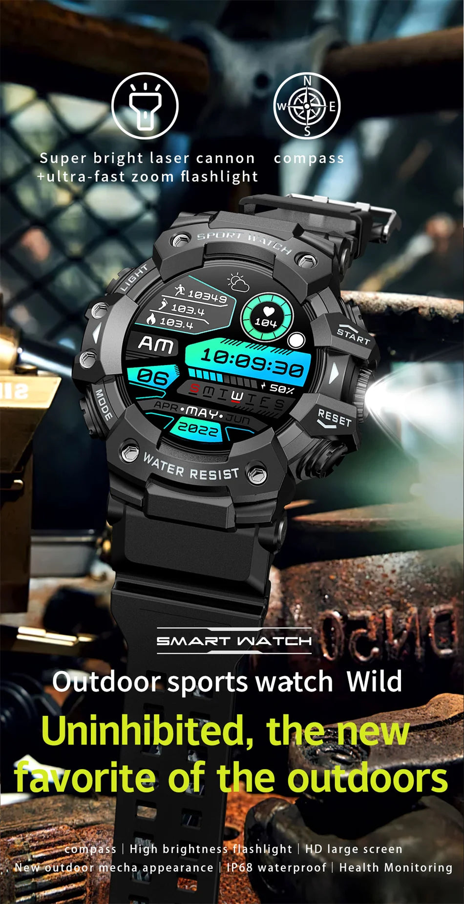 2025 Rugged Sport Smart Watch Bluetooth Calls Colorful Waterproof Military Smartwatches with Flashlight SOS COMPASS for Phone WSJIT