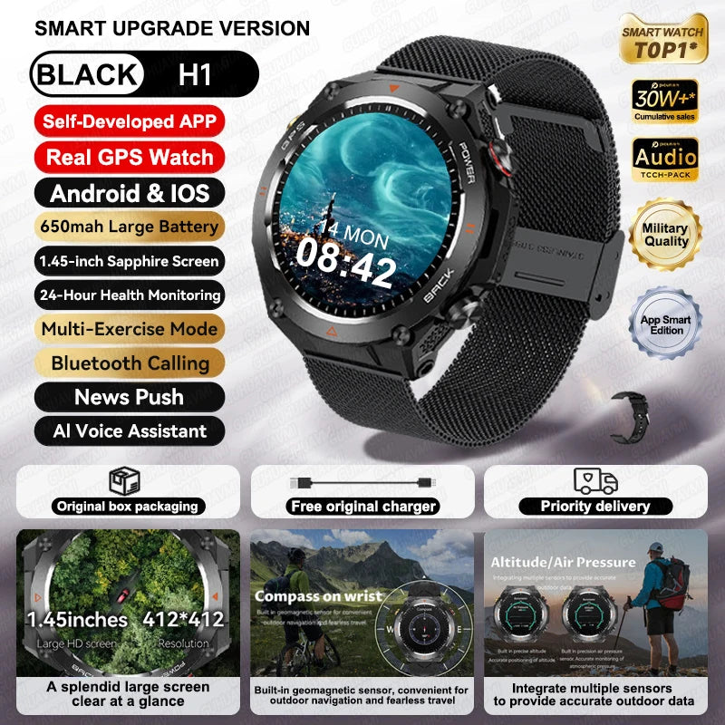 2025 New GPS Smart Watch 1.45" Ultra HD Display Built-in GPS & Compass Make/Receive Phone Calls Smart Bracelet 650mAh Battery WSJIT
