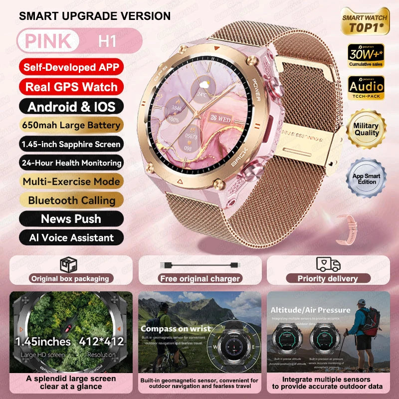 2025 New GPS Smart Watch 1.45" Ultra HD Display Built-in GPS & Compass Make/Receive Phone Calls Smart Bracelet 650mAh Battery WSJIT