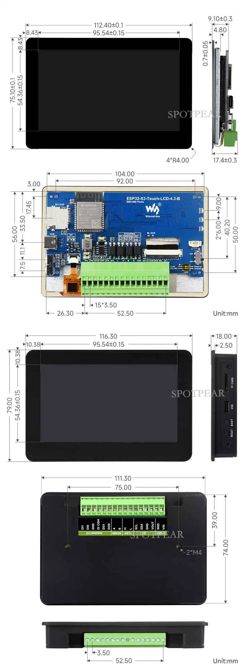 ESP32 S3 4.3inch LCD (B) 800x480 Captive TouchScreen Display Board LVGL with Sensor CAN I2C RS485 WSJIT
