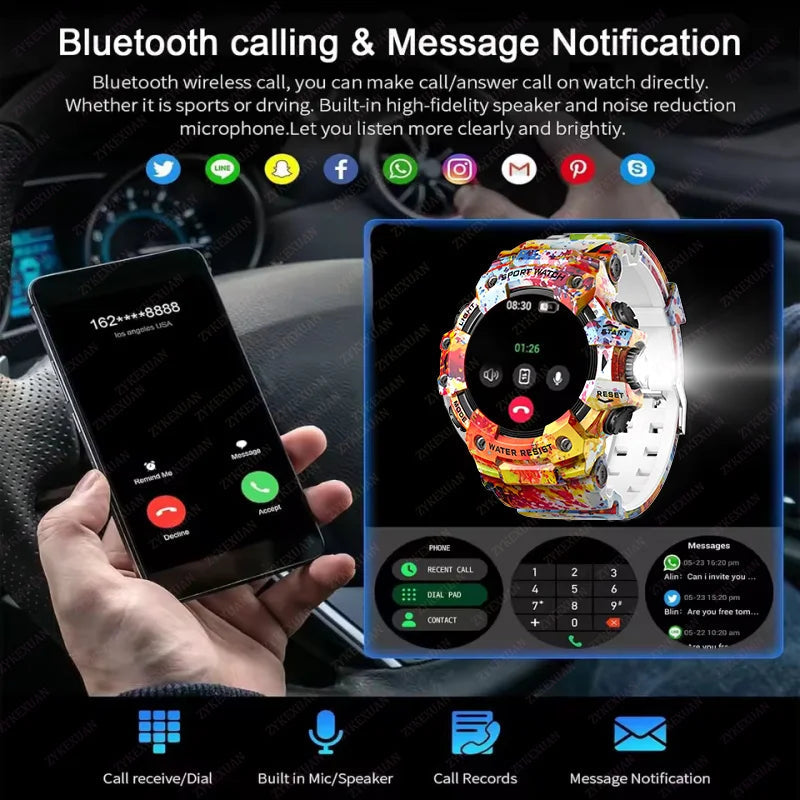 2025 Rugged Sport Smart Watch Bluetooth Calls Colorful Waterproof Military Smartwatches with Flashlight SOS COMPASS for Phone WSJIT