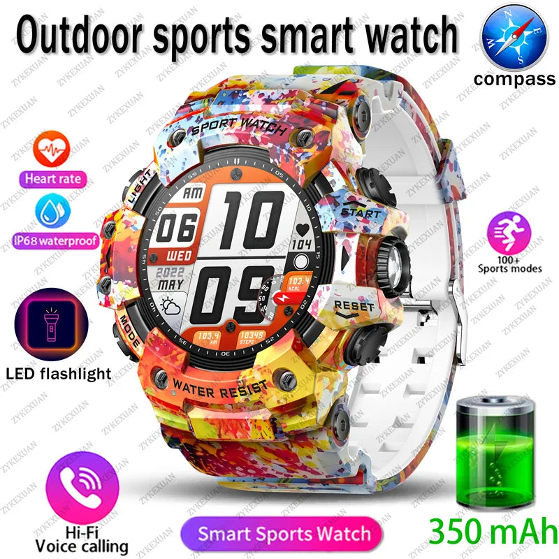 2025 Rugged Sport Smart Watch Bluetooth Calls Colorful Waterproof Military Smartwatches with Flashlight SOS COMPASS for Phone WSJIT
