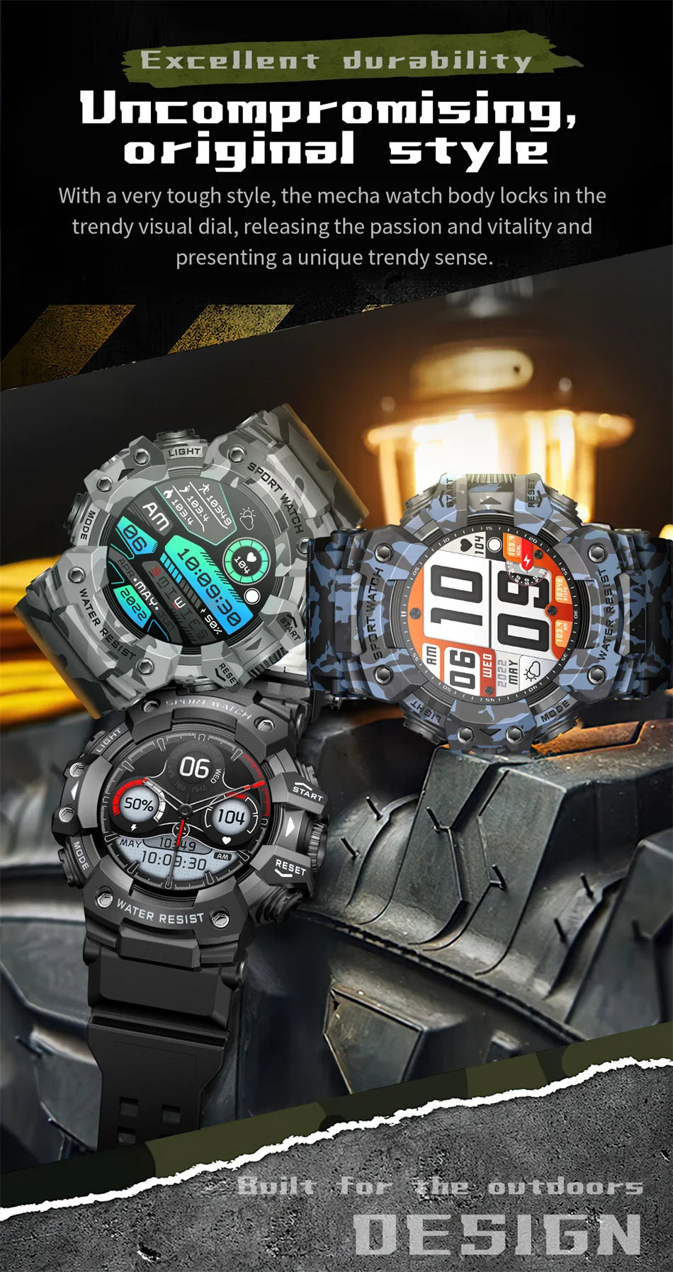 2025 Rugged Sport Smart Watch Bluetooth Calls Colorful Waterproof Military Smartwatches with Flashlight SOS COMPASS for Phone WSJIT