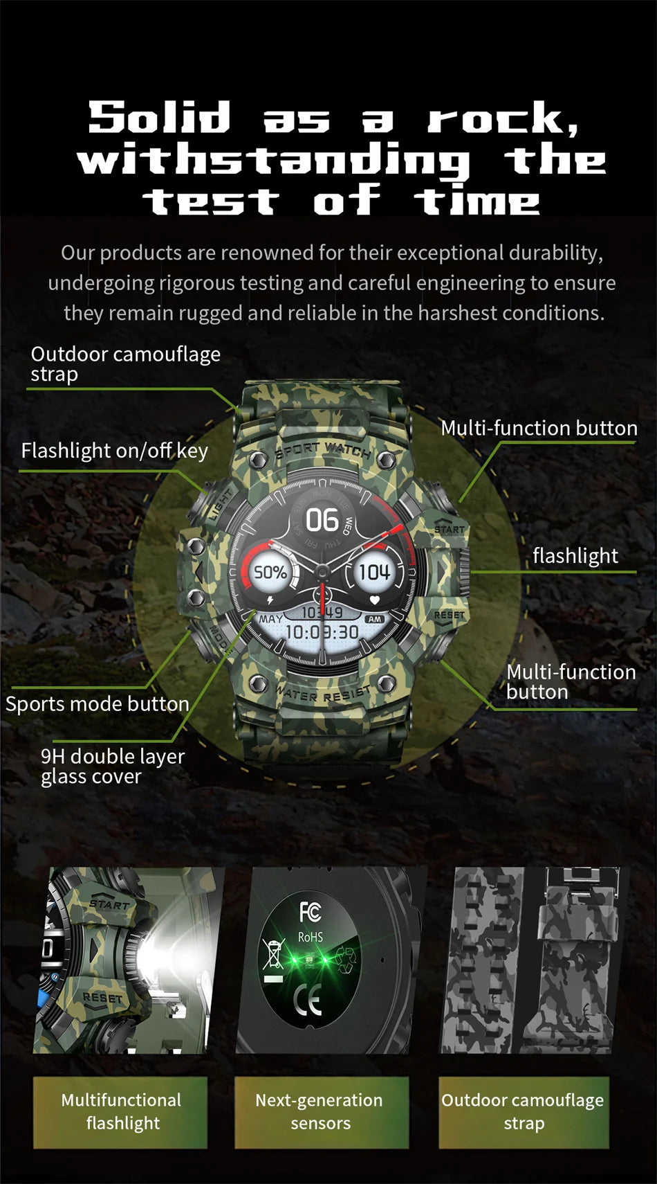 2025 Rugged Sport Smart Watch Bluetooth Calls Colorful Waterproof Military Smartwatches with Flashlight SOS COMPASS for Phone WSJIT