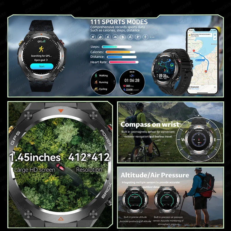 2025 New GPS Smart Watch 1.45" Ultra HD Display Built-in GPS & Compass Make/Receive Phone Calls Smart Bracelet 650mAh Battery WSJIT