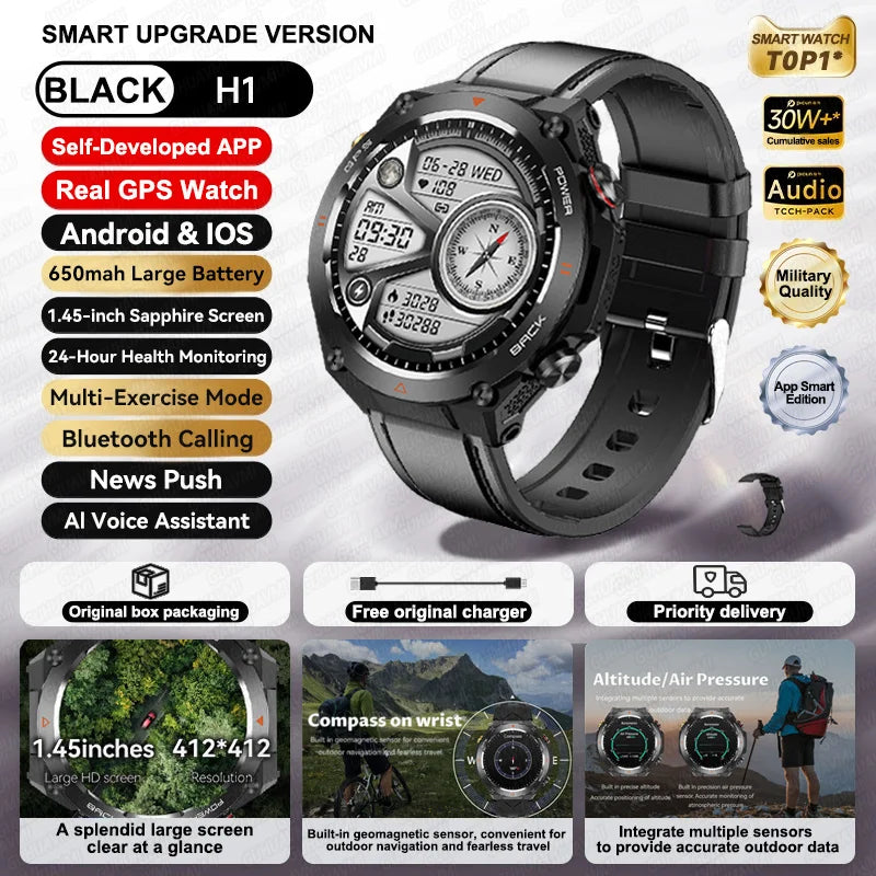 2025 New GPS Smart Watch 1.45" Ultra HD Display Built-in GPS & Compass Make/Receive Phone Calls Smart Bracelet 650mAh Battery WSJIT