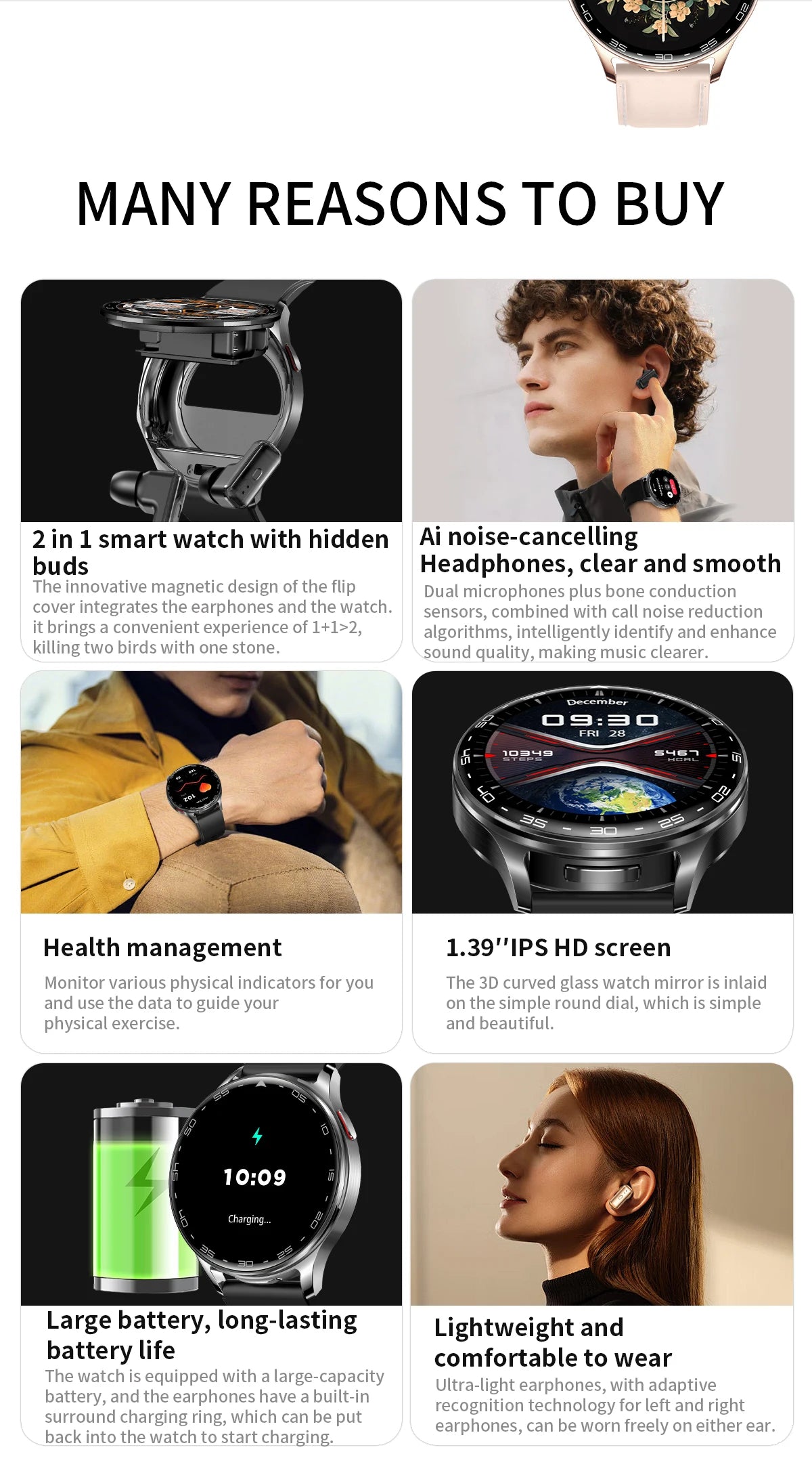 2025 New Smart Watch TWS 2-in-1 Bluetooth Earphones 1.39 inch Full Touch Screen HIFI 9D Sound Quality Sports Health Monitoring WSJIT