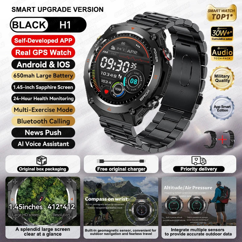 2025 New GPS Smart Watch 1.45" Ultra HD Display Built-in GPS & Compass Make/Receive Phone Calls Smart Bracelet 650mAh Battery WSJIT