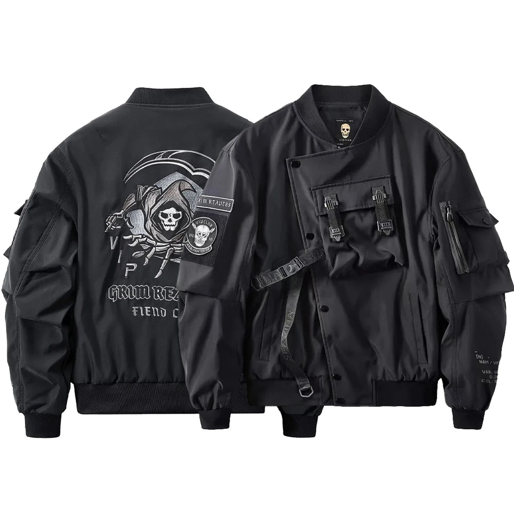 Mens Spring Fall American Street Workwear Jackets 2024 New Zipper Pocket Solid Color Skull Death Embroidery Fashion Trend Jacket WSJIT