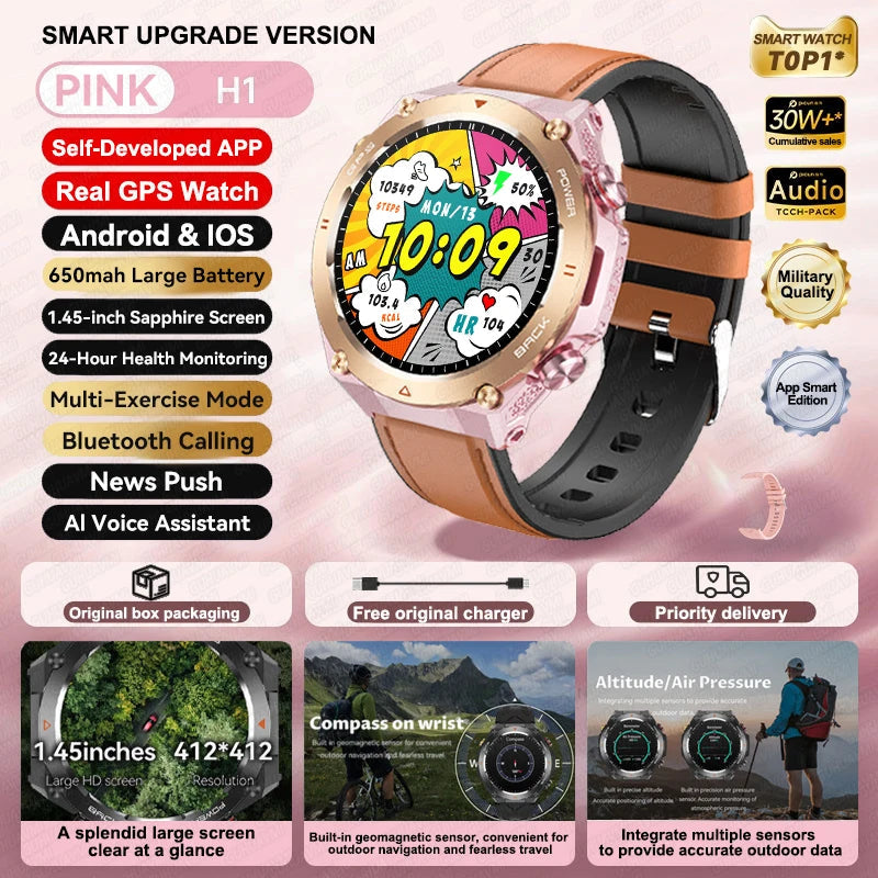 2025 New GPS Smart Watch 1.45" Ultra HD Display Built-in GPS & Compass Make/Receive Phone Calls Smart Bracelet 650mAh Battery WSJIT