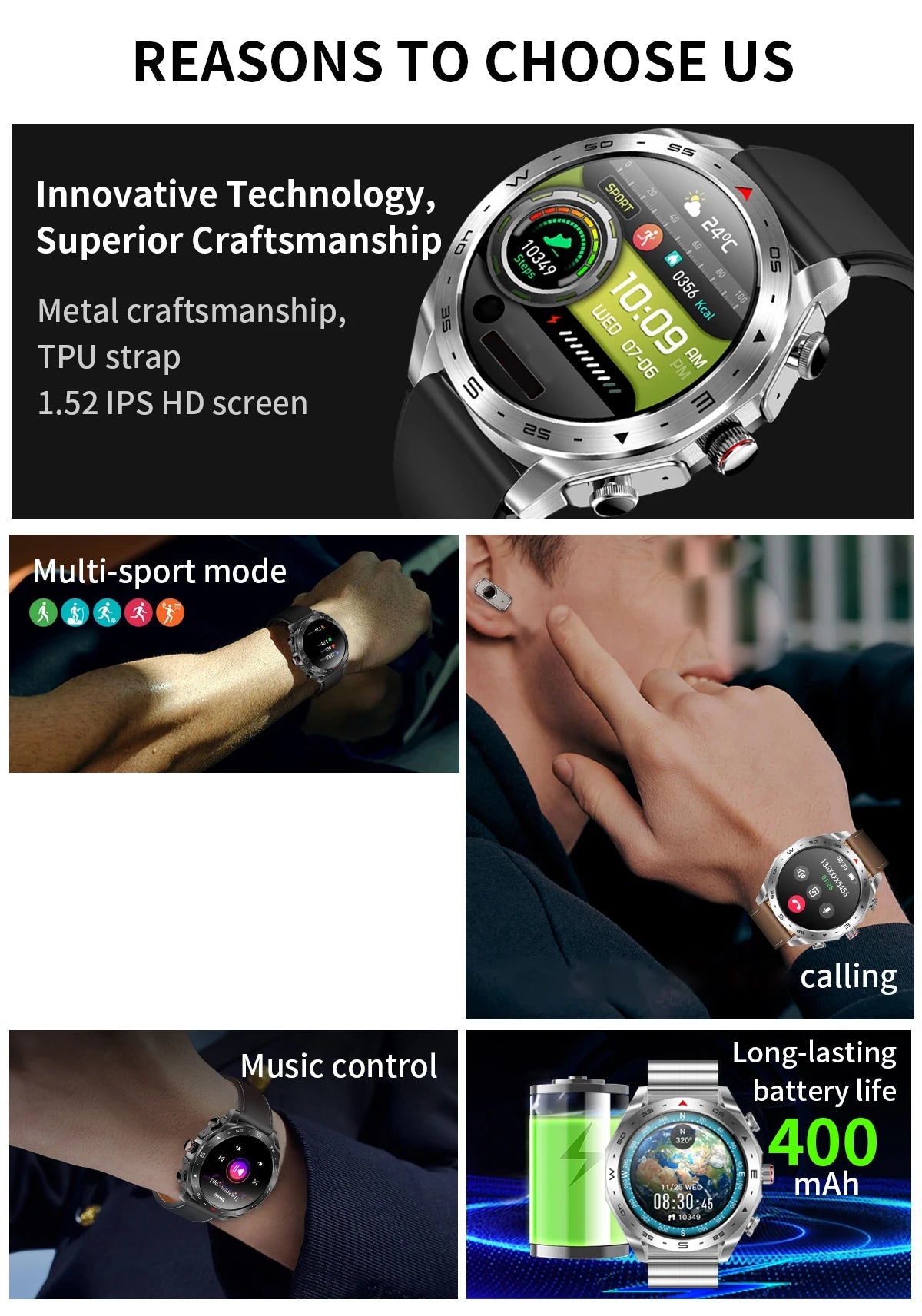 Men's super smart watch with 400mAh large battery and stainless steel body sturdy and durable with Bluetooth calling function WSJIT