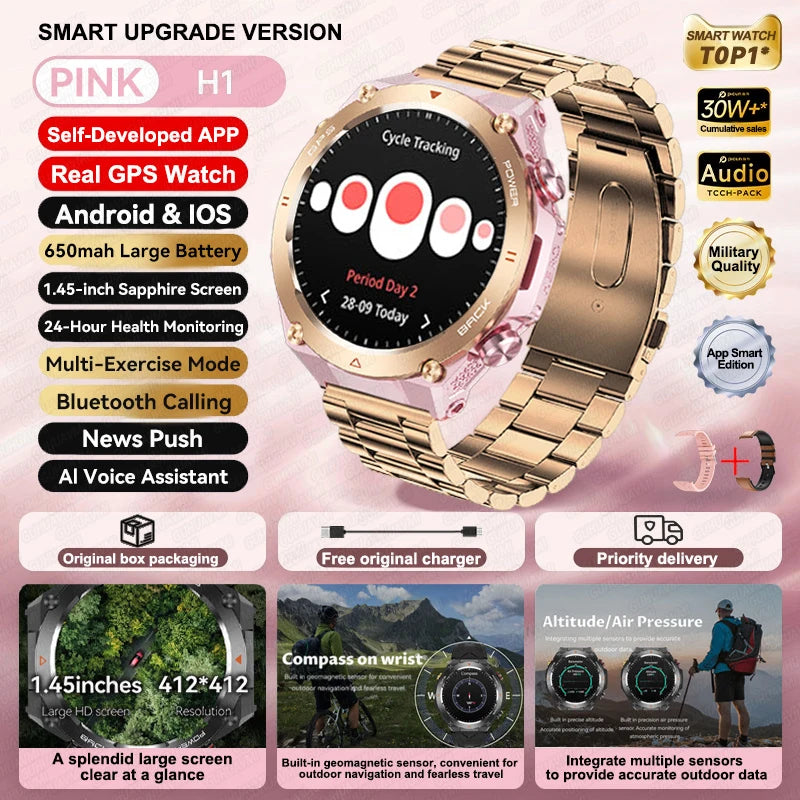 2025 New GPS Smart Watch 1.45" Ultra HD Display Built-in GPS & Compass Make/Receive Phone Calls Smart Bracelet 650mAh Battery WSJIT