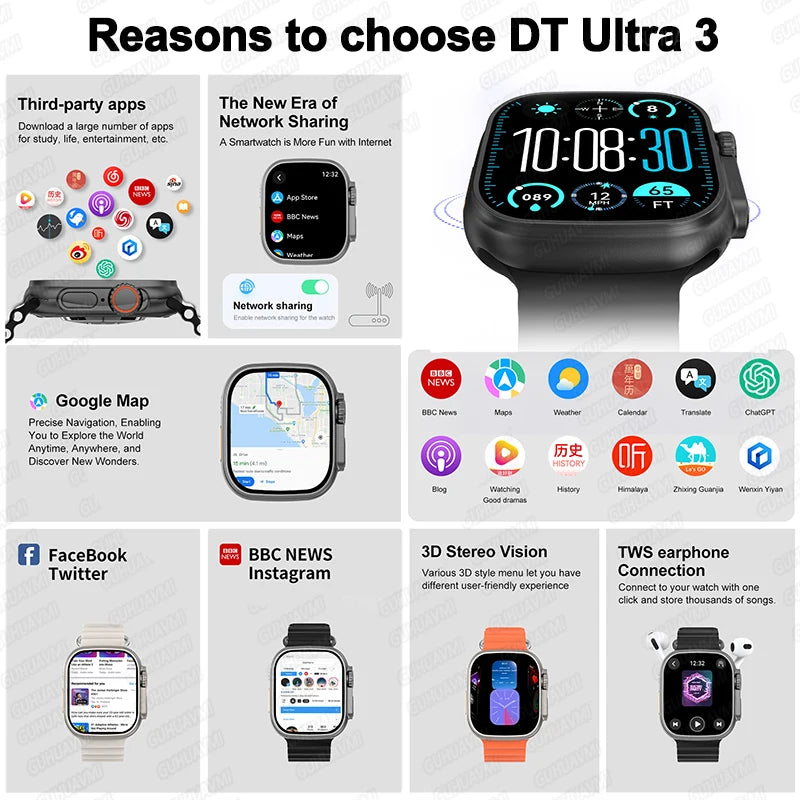 IOS DT Watch Ultra 3 32G RAM Watch GPS Map Video Call NFC Compass AI Dial Sport Fitness tracker Smart bracelet Official Original WSJIT