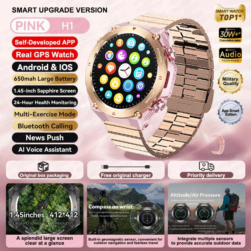 2025 New GPS Smart Watch 1.45" Ultra HD Display Built-in GPS & Compass Make/Receive Phone Calls Smart Bracelet 650mAh Battery WSJIT