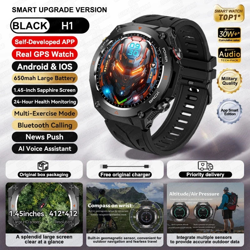 2025 New GPS Smart Watch 1.45" Ultra HD Display Built-in GPS & Compass Make/Receive Phone Calls Smart Bracelet 650mAh Battery WSJIT