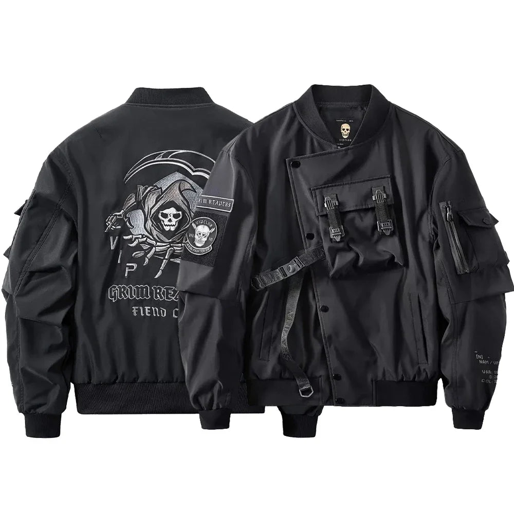 Mens Spring Fall American Street Workwear Jackets 2024 New Zipper Pocket Solid Color Skull Death Embroidery Fashion Trend Jacket WSJIT