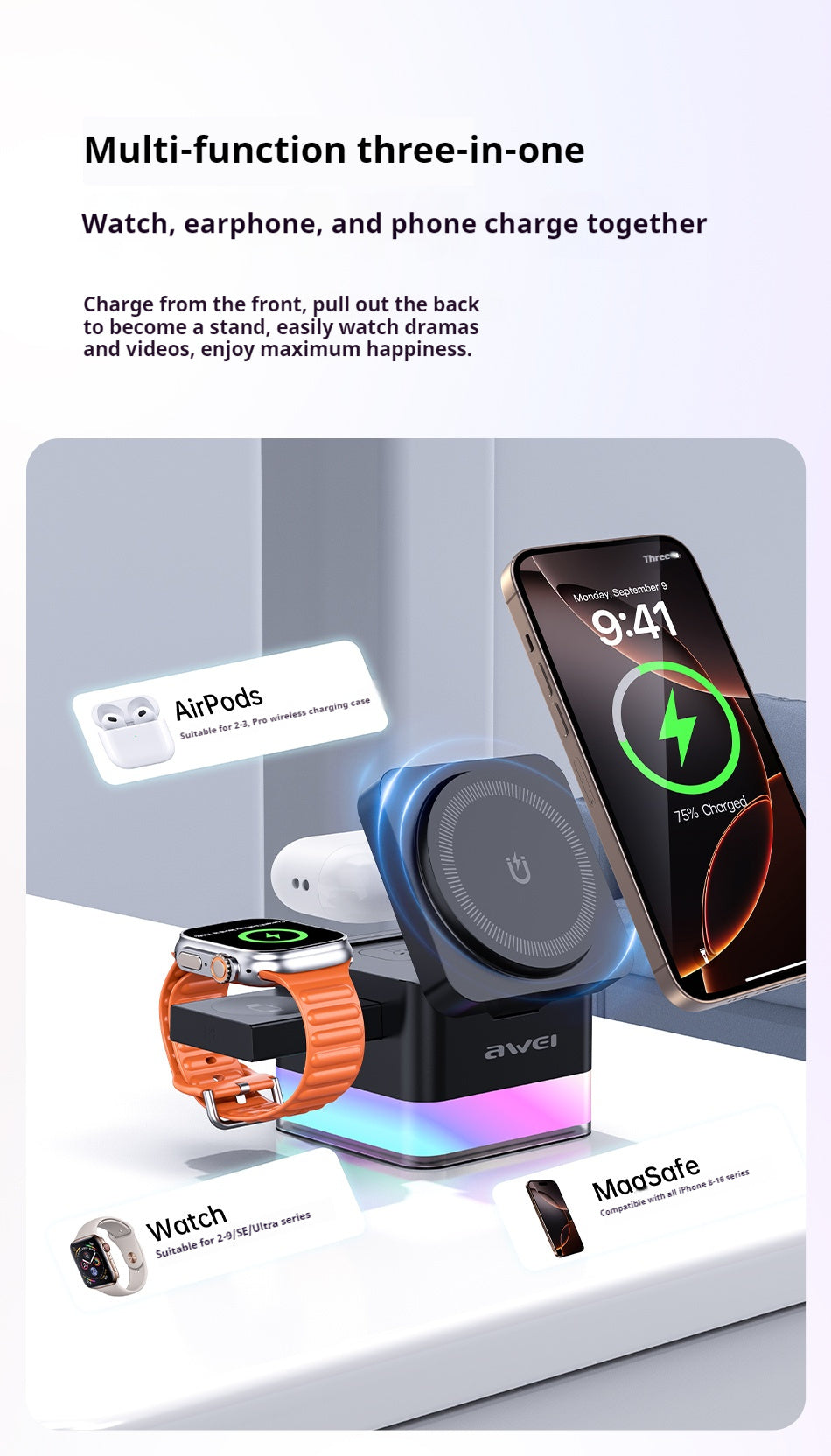 AWEI 3-in-1 Multi-function Wireless Charger CJ Dropshipping