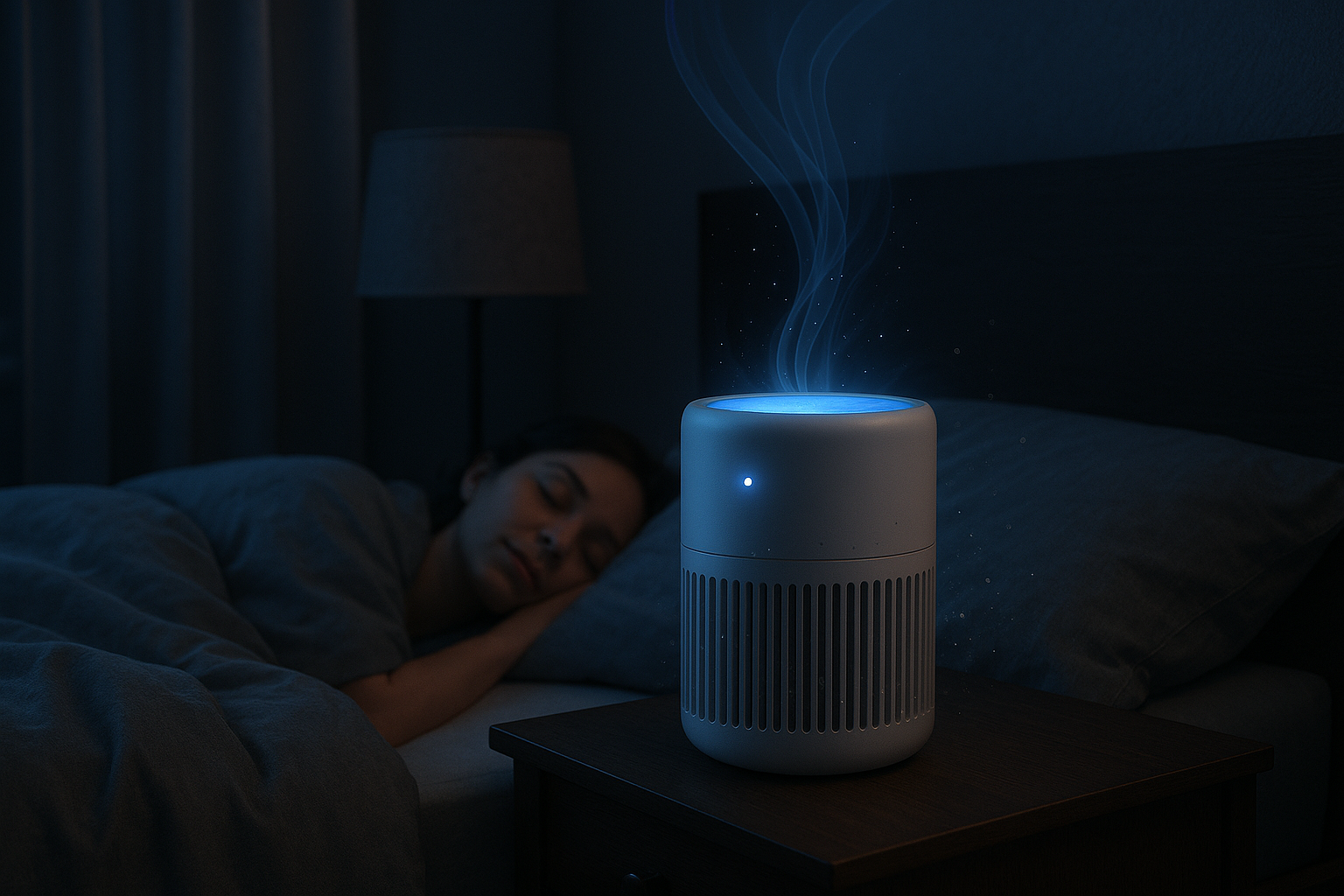HEPA air purifier in bedroom with night light feature