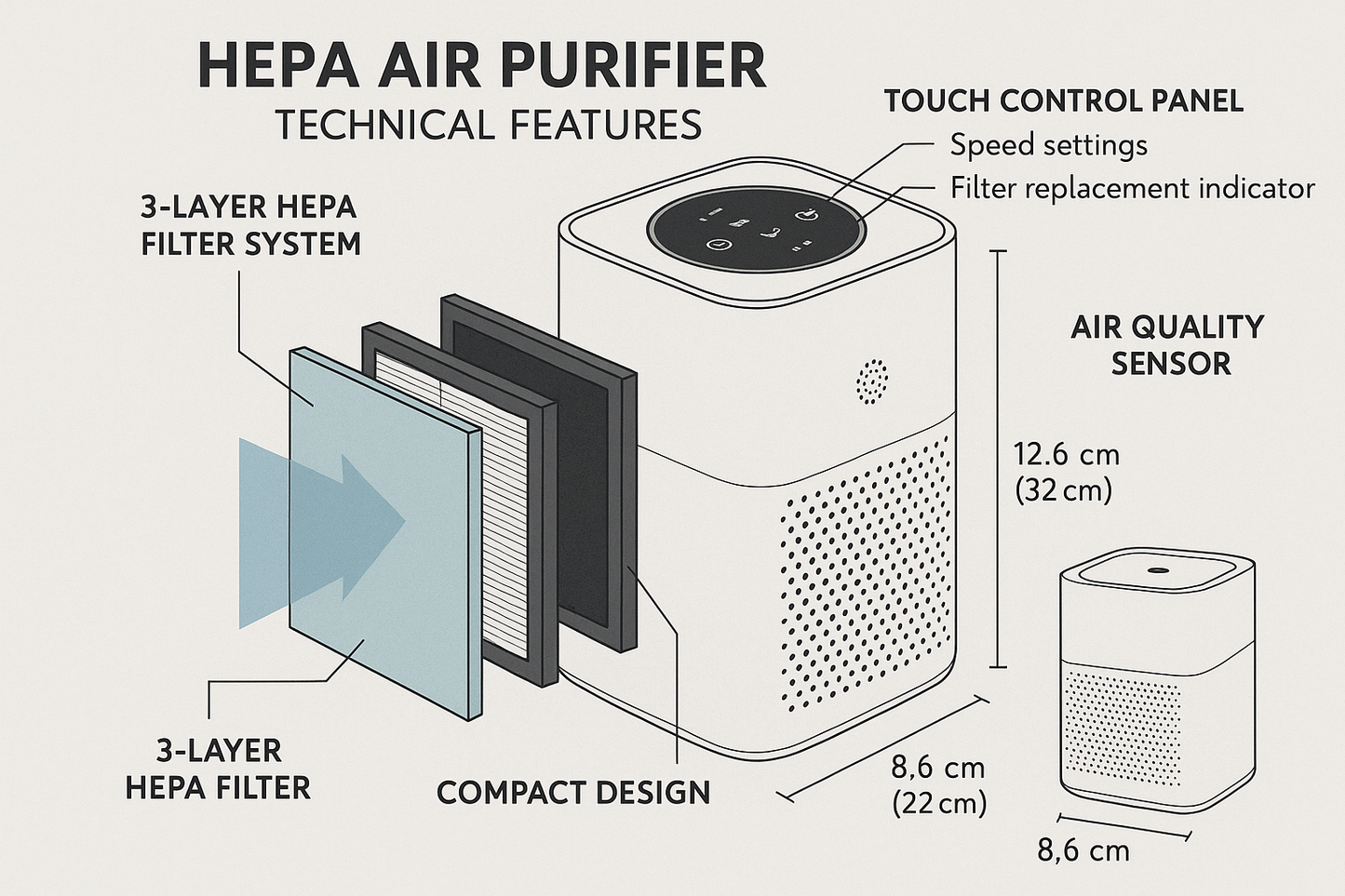 HEPA air purifier technical features and filter system